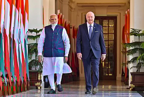 Prime Minister Narendra Modi with Austria's Chancellor Christian Stocker during a meeting, at Hyderabad House, in New Delhi. 