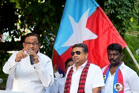 P Chidambaram with Palanivel Thiaga Rajan during the Tamil Nadu Assembly Election 2026.