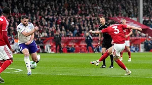 | Photo: AP/Nick Potts : Nottingham Forest's Neco Williams scores their side's first goal of the game during the Premier League soccer match between Nottingham Forest and Aston Villa, in Nottingham, England, Sunday April 12, 2026.