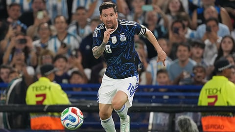 Argentina's Lionel Messi dribbles during a friendly soccer match against Zambia in Buenos Aires, Argentina, Tuesday, March 31, 2026.