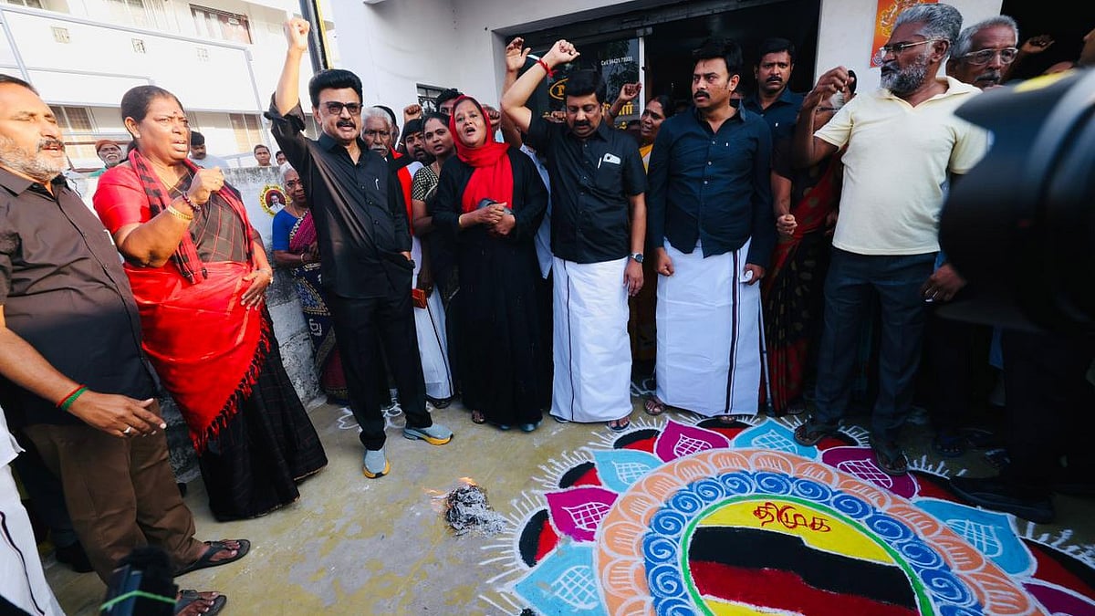 In this image posted on April 16, 2026, Tamil Nadu Chief Minister MK Stalin during a protest against the proposed Delimitation bill, in Namakkal, Tamil Nadu.  - Photo: PTI