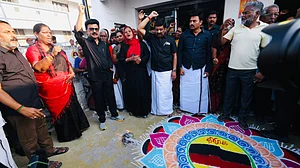 Photo: PTI : In this image posted on April 16, 2026, Tamil Nadu Chief Minister MK Stalin during a protest against the proposed Delimitation bill, in Namakkal, Tamil Nadu.
