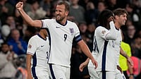 | Photo: AP/Frank Augstein : England's Harry Kane, left, celebrates after scoring his side's second goal during the Group F UEFA Nations League soccer match between England and Finland at Wembley Stadium in London, Tuesday, Sept. 10, 2024. 