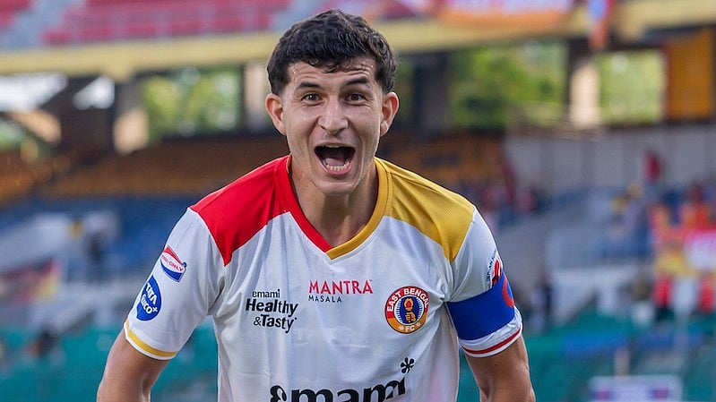 East Bengal players celebrate after scoring during the Indian Super League match against Chennaiyin FC on April 11, 2026. - | Photo: AIFF