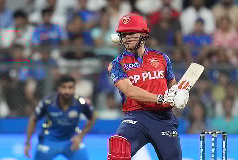 Punjab Kings' Cooper Connolly hits a six during the Indian Premier League cricket match between Mumbai Indians and Punjab Kings in Mumbai.