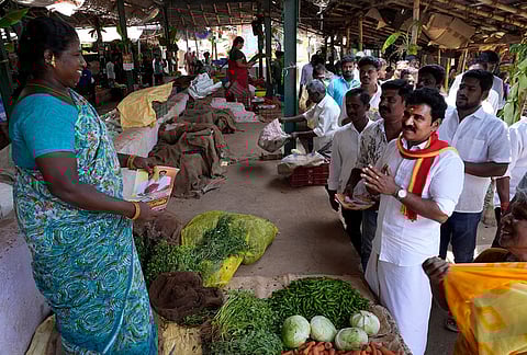 Nirmal Kumar from Tamilaga Vettri Kazhagam (TVK) actively Election campaigning at Thiruparankundram, Madurai connecting with locals and sharing his vision for the community.