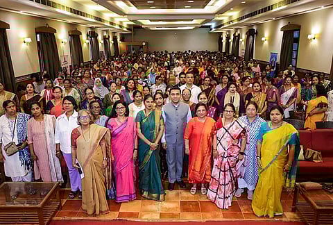 Goa Chief Minister Pramod Sawant in a group photograph during the Nari Shakti Sammelan programme, in Panaji. 