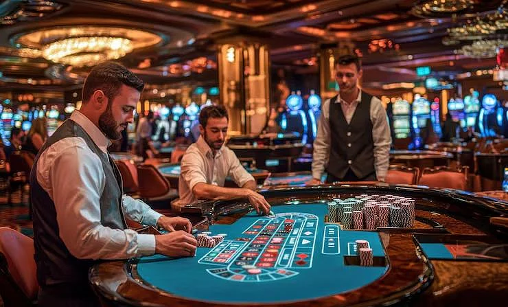 Men playing table games at a luxury casino