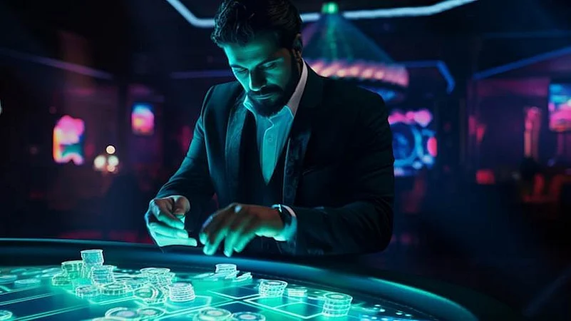 Man in a suit playing at a glowing neon casino table
