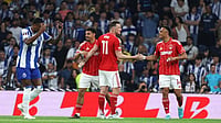 | Photo: AP/Luis Vieira : Nottingham Forest players celebrate their first goal during the Europa League quarterfinals, first leg, soccer match between FC Porto and Nottingham Forest in Porto, Portugal.