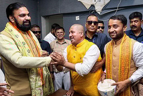 Newly sworn-in Bihar Chief Minister Samrat Choudhary being greeted by supporters, in Patna.