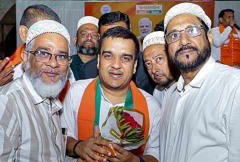 ujarat Deputy Chief Minister Harsh Sanghvi during a meeting for the upcoming local self-government elections, in Jalat. 