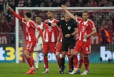 Bayern's players reacts during the Champions League quarterfinal second leg soccer match between Bayern Munich and Real Madrid in Munich, Germany.