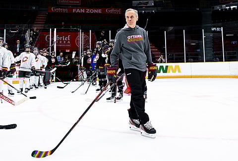 Canada's Prime Minister Mark Carney skates on ice as he participates in a Ottawa Charge practice session with President of Finland Alexander Stubb, in Ottawa.