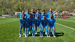 | Photo: AIFF : The India U17 women's football team starting the third women's international friendly against Russia on April 17, 2026.