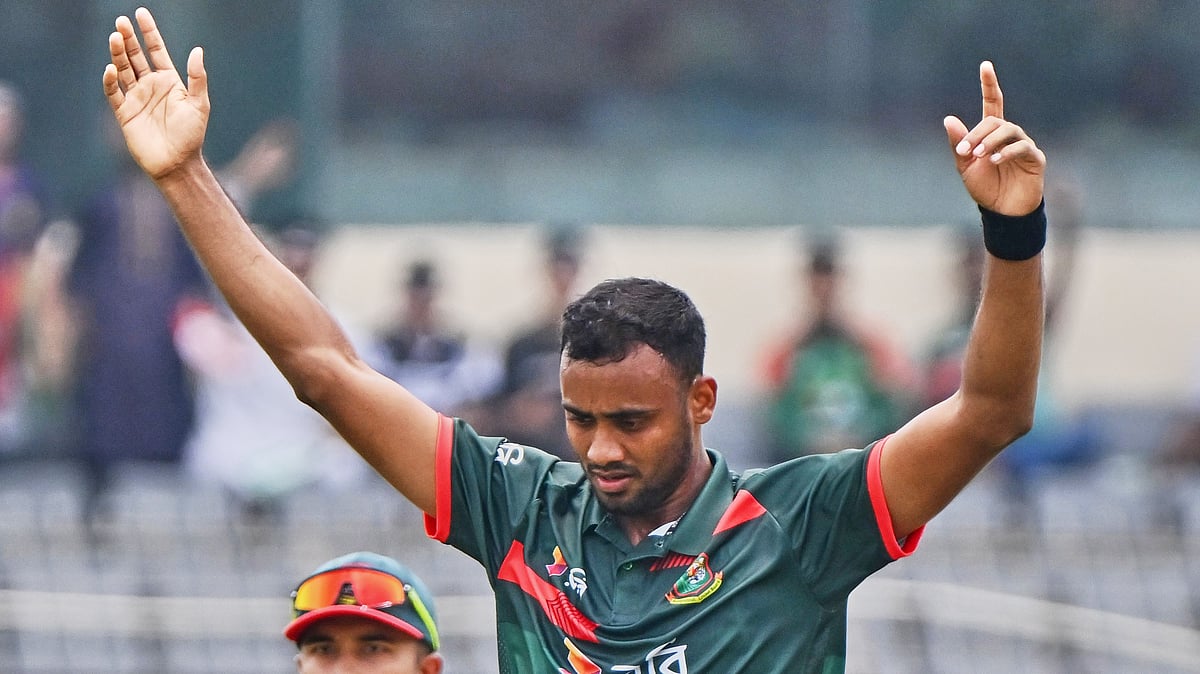 Bangladesh's Shoriful Isalm celebrates the wicket of New Zealand's Nick Kelly during the first one day international cricket match between Bangladesh and New Zealand in Mirpur, Bangladesh, Friday, April 17, 2026.  - AP Photo