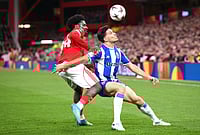 Nottingham Forest 1-0 FC Porto, UEFA Europa League 2025-26: Villa Awaits In Final Four Of UEL | Photo: Gary Oakley/PA via AP : Nottingham Forest's Ola Aina, left, and Porto's Francisco Moura in action during the Europa League quarterfinal second leg soccer match between Nottingham Forest and Porto in Nottingham, England.