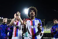 | Photo: Massimo Paolone/LaPresse via AP : Crystal Palace's Chris Richards and teammates celebrate after the Conference League quarterfinal second leg soccer match between Fiorentina and Crystal Palace in Florence, Italy.