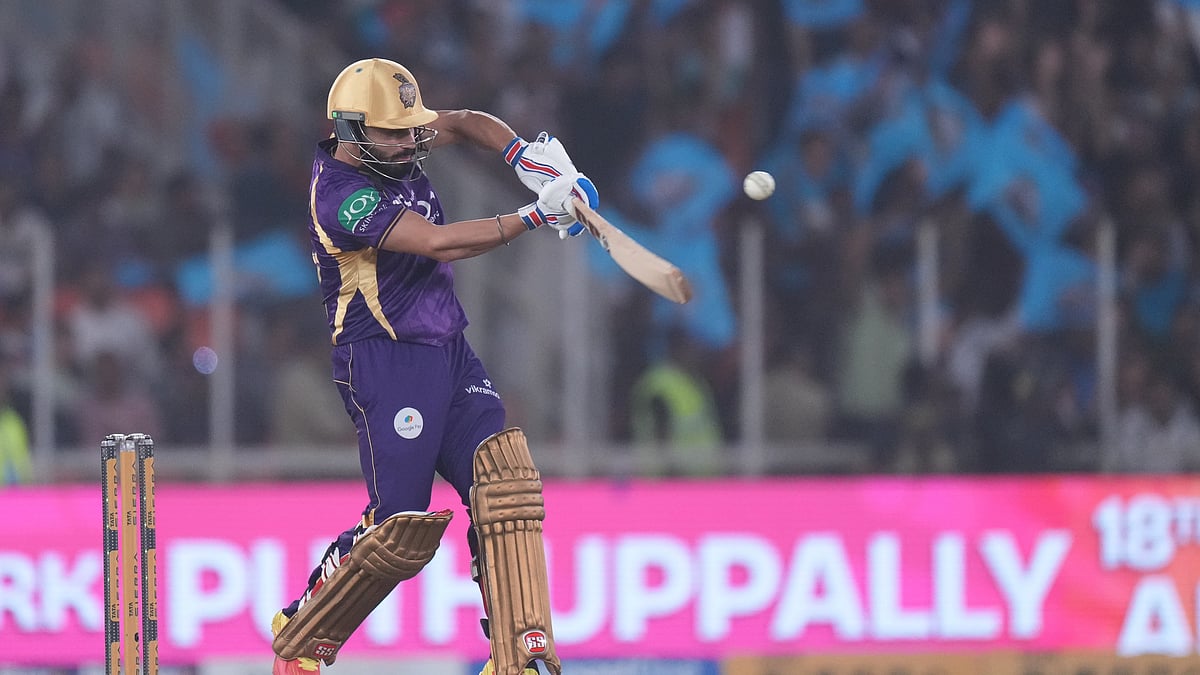 Kolkata Knight Riders' Ramandeep Singh plays a shot during the Indian Premier League cricket match between Gujarat Titans and Kolkata Knight Riders in Ahmedabad, India, Friday, April 17, 2026. - (AP Photo/Ajit Solanki)