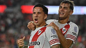 | Photo: X/RiverPlate : River Plate's Sebastian Druissi celebrates after scoring in the Copa Sudamericana match against Carabobo on April 15, 2026.