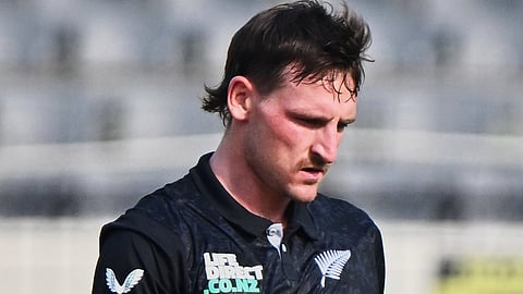 New Zealand's Nathan Smith celebrates the wicket of Bangladesh's Tanzid Hasan during the first one day international cricket match between Bangladesh and New Zealand