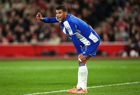 Porto's Thiago Silva reacts during the Europa League quarterfinal second leg soccer match between Nottingham Forest and Porto in Nottingham, England.