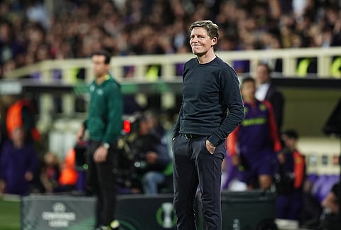 Crystal Palace's head coach Oliver Glasner looks on during the Conference League quarterfinal second leg soccer match between Fiorentina and Crystal Palace in Florence, Italy.