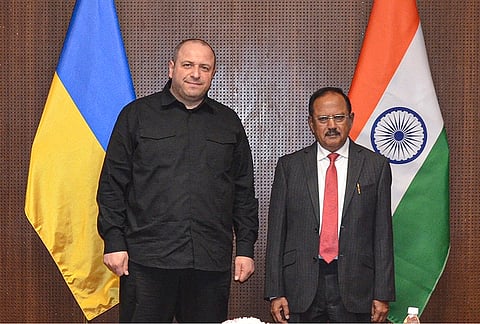 National Security Advisor Ajit Doval, right, during a meeting with Secretary of the National Security and Defence Council of Ukraine Rustem Umerov, in New Delhi. 