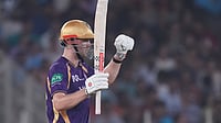 | Photo: AP/Ajit Solanki : Kolkata Knight Riders' Cameron Green celebrates his fifty runs during the Indian Premier League cricket match between Gujarat Titans and Kolkata Knight Riders in Ahmedabad.