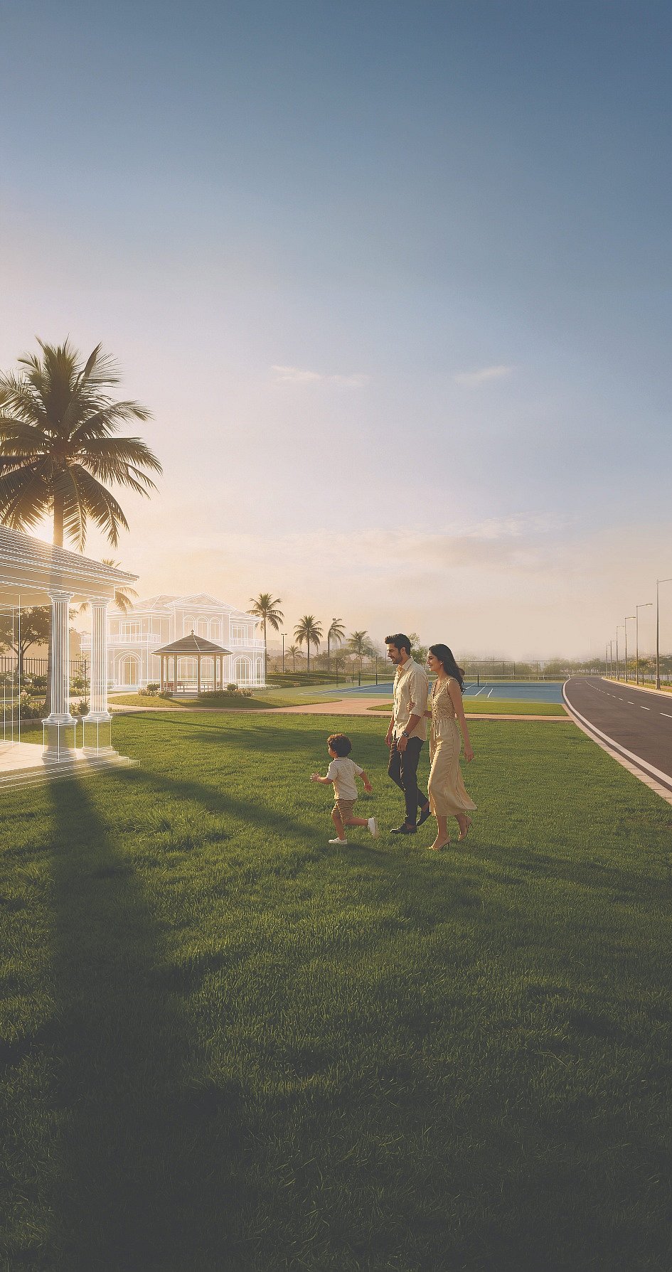 Family walking on a lush lawn in a topical resort setting at dusk. 