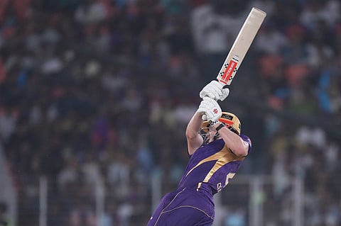 Kolkata Knight Riders' Cameron Green hits a six during the Indian Premier League cricket match between Gujarat Titans and Kolkata Knight Riders in Ahmedabad.