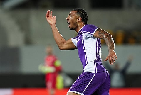 Fiorentina's Cher Ndour celebrates scoring during the Conference League quarterfinal 2nd leg soccer match between Fiorentina and Crystal Palace in Florence, Italy.