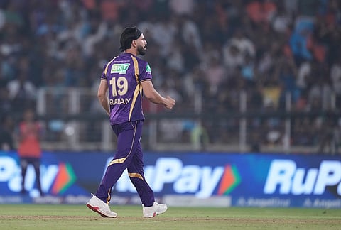 Kolkata Knight Riders' Ramandeep Singh celebrates the wicket of Gujarat Titans' Glenn Phillips during the Indian Premier League cricket match between Gujarat Titans and Kolkata Knight Riders in Ahmedabad.