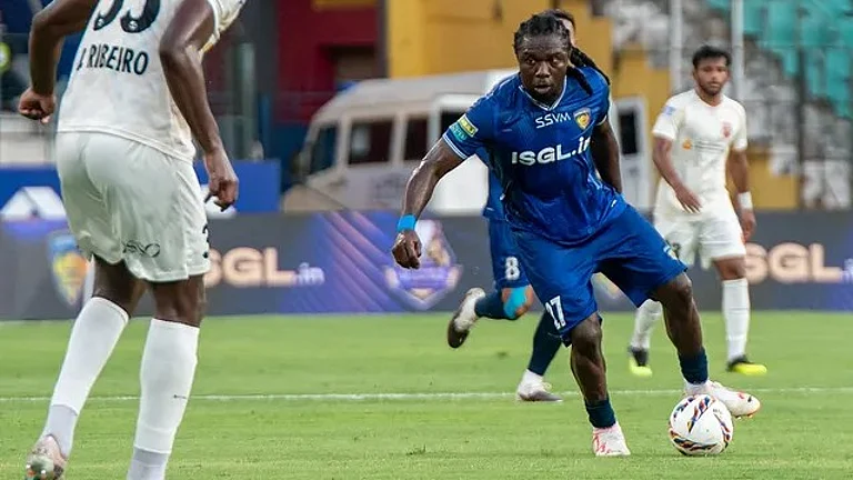 Chennaiyin FC's Daniel Chima Chuwku in action during the Indian Super League match against Sporting Club Delhi on April 17, 2026. - | Photo: Instagram/chennaiyinfc