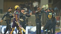 (AP Photo/Ajit Solanki) : Gujarat Titans' Kagiso Rabada, third from right, celebrates with teammates the wicket of Kolkata Knight Riders' Angkrish Raghuvanshi, left, walks during the Indian Premier League cricket match between Gujarat Titans and Kolkata Knight Riders in Ahmedabad, India, Friday, April 17, 2026.