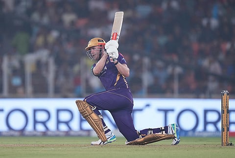 Kolkata Knight Riders' Cameron Green plays a shot during the Indian Premier League cricket match between Gujarat Titans and Kolkata Knight Riders in Ahmedabad.