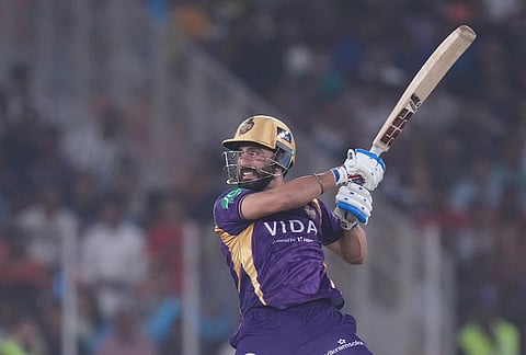 Kolkata Knight Riders' Ramandeep Singh plays a shot during the Indian Premier League cricket match between Gujarat Titans and Kolkata Knight Riders in Ahmedabad.