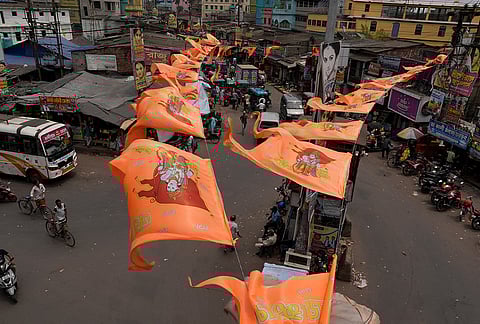In Suvendu Adhikari's claimed bastion, Nandigram, Jai Shree Ram flags make for an umbrella across the constituency.