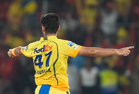 Chennai Super Kings' Anshul Kamboj celebrates the wicket of Sunrisers Hyderabad's Liam Livingstone during the Indian Premier League cricket match between Sunrisers Hyderabad and Chennai Super Kings in Hyderabad.