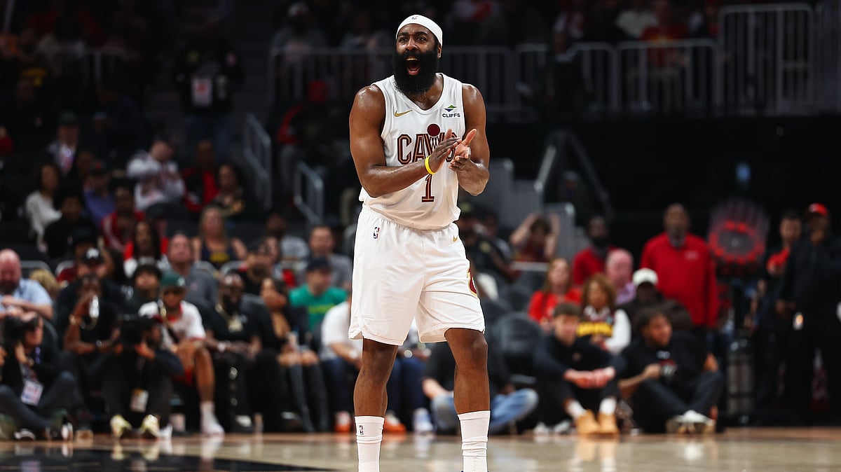 Cleveland Cavaliers guard James Harden reacts during the first half of an NBA basketball game against the Atlanta Hawks. - AP Photo