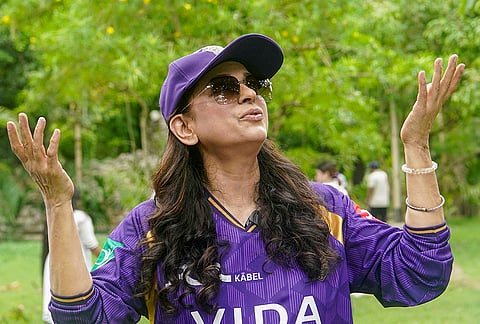 Kolkata Knight Riders co-owner Juhi Chawla speaks during the launch of the team's environmental initiative 'Runs to Roots', in Kolkata.