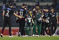 | Photo: AP/Mosaraf Hossain : New Zealand's players shake hands with Bangladesh's players after winning the first one day international cricket match between Bangladesh and New Zealand in Mirpur, Bangladesh.