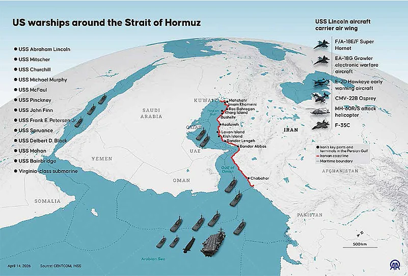 An infographic titled ‘US warships around the Strait of Hormuz’