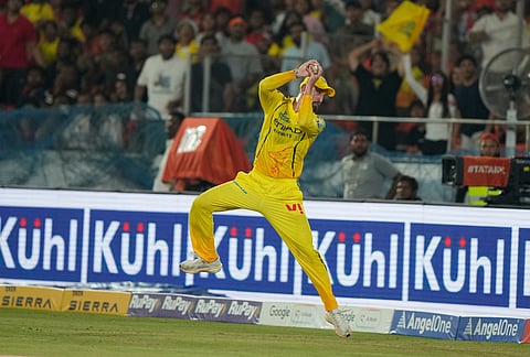 Chennai Super Kings' Matthew Short takes the catch to dismiss Sunrisers Hyderabad's Nitish Kumar Reddy during the Indian Premier League cricket match between Sunrisers Hyderabad and Chennai Super Kings in Hyderabad.