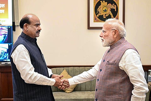 Prime Minister Narendra Modi meets Lok Sabha Speaker Om Birla after the House was adjourned sine die, concluding the Budget session of Parliament, in New Delhi. 