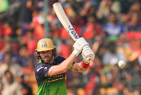 Royal Challengers Bengaluru's Phil Salt plays a shot during the Indian Premier League cricket match between Royal Challengers Bengaluru and Delhi Capitals in Bengaluru.