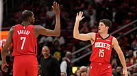 NBA Playoffs Are Here, And LeBron James Vs Kevin Durant Rivalry All Set To Enthral The World - Read Preview | Photo: AP/Karen Warren : Houston Rockets' Kevin Durant (7) high-fives Reed Sheppard (15) after Sheppard's 3-point basket during the first half of an NBA basketball game against the Utah Jazz, in Houston.