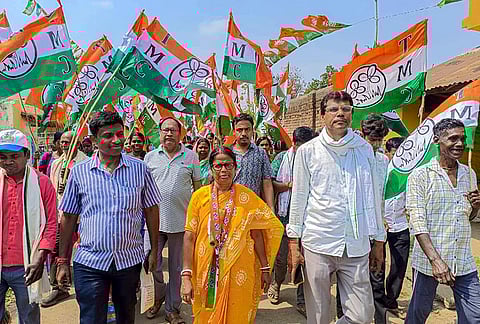 TMC candidate for Sainthia constituency Nilabati Saha, centre, during an election campaign ahead of West Bengal Assembly elections, in Birbhum district.