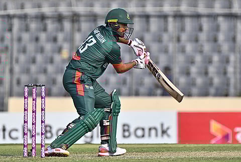 Bangladesh's Saif Hassan plays a shot during the first one day international cricket match between Bangladesh and New Zealand in Mirpur, Bangladesh.