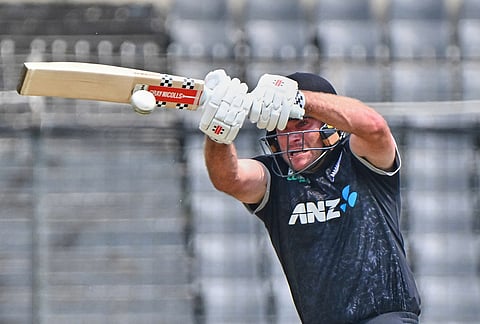 New Zealand's Dean Foxcroft plays a shot during the first one day international cricket match between Bangladesh and New Zealand in Mirpur, Bangladesh.